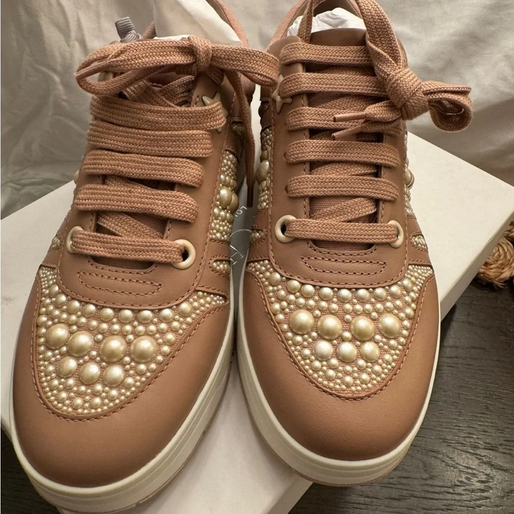 Jimmy Choo Hawaii Pearl Leather Flatform Sneakers Size 38 NWOB